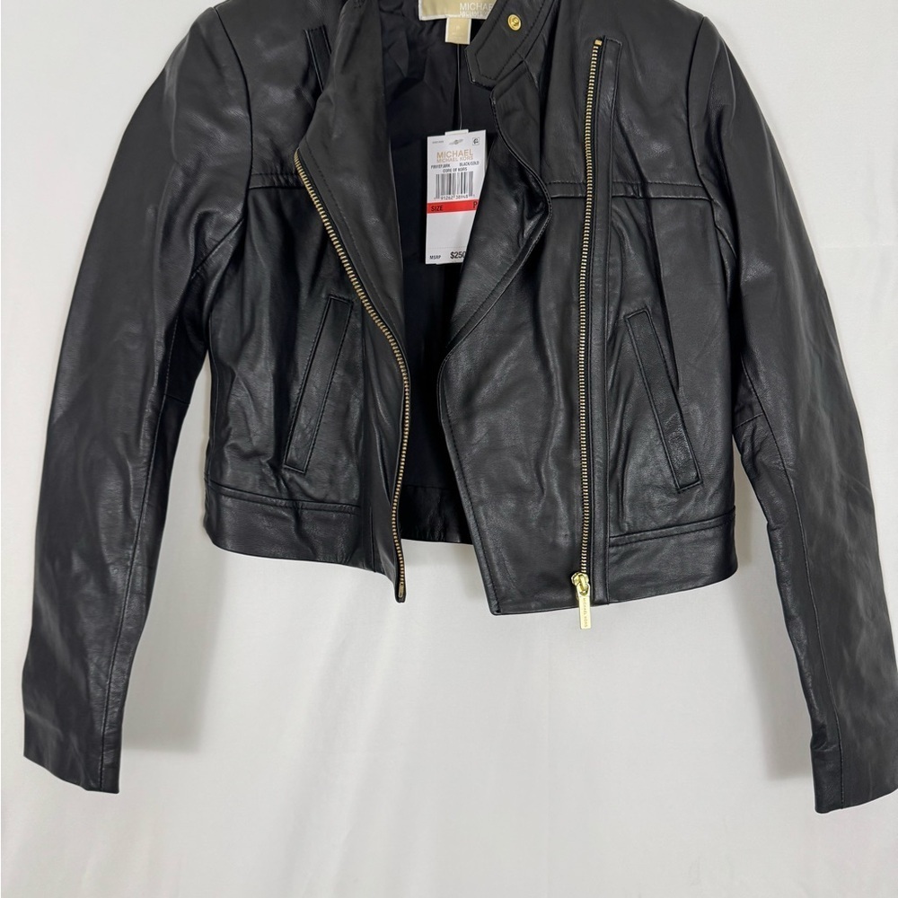 Michael Kors Leather Moto‎ Jacket Luggage Black Sz XS - Picture 6 of 13